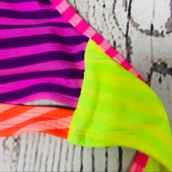 OP Ocean Pacific Multicolour Neon Stripe Bikini Swim Top Jr S (3-5) Women’s XXS - Picture 3 of 7